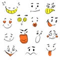 Set of outline style Emoticons. Cartoon expressions. Cute face elements eyes and mouths with happy, sad and angry, disbelief Royalty Free Stock Photo