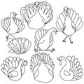 Set of outline turkeys, farm birds in doodle style for coloring pages or design Royalty Free Stock Photo