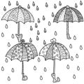 Set of outline umbrellas with abstract patterns, raindrops silhouette and spiral pattern, antistress coloring page, vector hand