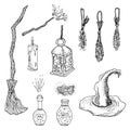 Set of outline vector Halloween elements. Hand drawn black contour broom, witch hat, magic wand, potion, herbs for Royalty Free Stock Photo