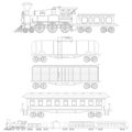 Set of outline vintage train in retro style. ÃÂ¡istern car, container and passenger waggons. Coloring page