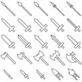 Set of 25 outline weapon icons isolated on white background. Medieval weapon silhouette. Vector illustration for your design. Royalty Free Stock Photo