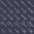Set of 25 outline weapon icons isolated on white background. Medieval weapon silhouette. Vector illustration for your design. Royalty Free Stock Photo