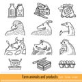 Set of Outline Web Icon. Domestic animals and products