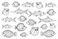 Set of outline white black different cartoon vector underwater fish, tang, flounder, tuna, ocean burrfish, sea marlin. Doodle