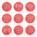 Set of outline wifi icons in red circles with long