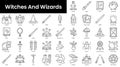 Set of outline witches and wizards icons. Minimalist thin linear web icons bundle. vector illustration