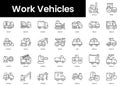 Set of outline work vehicles icons. Minimalist thin linear web icon set. vector illustration