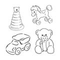 Set of outlined baby`s toys elements.Vector illustration. children`s toy vector sketch illustration