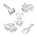 Set of outlined baby`s toys elements.Vector illustration. children`s toy vector sketch illustration