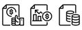 Set of Outlined business icons including: Document, Hand, Dollar, Coins, Diagram shapes. line art