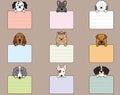 Set of outlined cute and simple dog heads with front paws holding a note