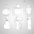 Six parfume flat outlined bottles set in black and whie Royalty Free Stock Photo