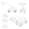 Set with outlines of a backhoe loader from black lines isolated on a white background. Top, side, front, isometric view Royalty Free Stock Photo