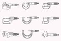 Set of outside and inside micrometer icons. Vector thin line Royalty Free Stock Photo