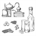 Set Ouzo Greek alcohol on white background. Glass. bottle, cinnamon, cloves, anise, nutmeg, alembic. Engraving vintage style black