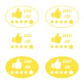 Set of oval badges with stars to assess the level of performance, good job, great job