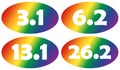 A set of oval race distance numbers in rainbow pattern