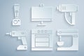 Set Oven, Electric industrial dryer, cordless screwdriver, mixer, Computer monitor and Blender icon. Vector