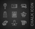 Set Oven, Kitchen apron, Measuring cup, Cooking pot, Saucepan, Grater, and Frying icon. Vector