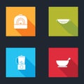 Set Oven, Kitchen colander, Blender and Mortar pestle icon. Vector