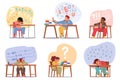 Set of Overwhelmed, Tired Children Sitting at Desks, Facing The Weight Of Homework, Battling Stress, Vector
