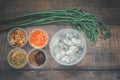 Set of oyster Thai style, fresh oyster, spicy sauce, deep fried onion in box Royalty Free Stock Photo