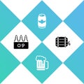 Set Pack of beer bottles, Wooden mug, Beer can and barrel on rack icon. Vector Royalty Free Stock Photo