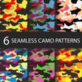 Set of 6 pack Camouflage seamless patterns background with black shadow. Classic clothing style masking camo repeat