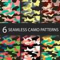 Set of 6 pack Camouflage seamless patterns background with black shadow. Classic clothing style masking camo repeat