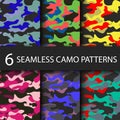 Set of 6 pack Camouflage seamless patterns background with black shadow. Classic clothing style masking camo repeat