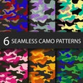 Set of 6 pack Camouflage seamless patterns background with black shadow. Classic clothing style masking camo repeat