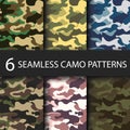 Set of 6 pack Camouflage seamless patterns background with black shadow. Classic clothing style masking camo repeat