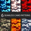 Set of 6 pack Camouflage seamless patterns background with black shadow. Classic clothing style masking camo repeat