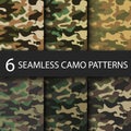 Set of 6 pack Camouflage seamless patterns background with black shadow. Classic clothing style masking camo repeat