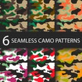 Set of 6 pack Camouflage seamless patterns background with black shadow. Classic clothing style masking camo repeat