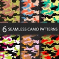 Set of 6 pack Camouflage seamless patterns background with black shadow. Classic clothing style masking camo repeat