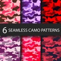 Set of 6 pack Camouflage seamless patterns background with black shadow. Classic clothing style masking camo repeat