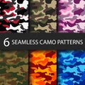 Set of 6 pack Camouflage seamless patterns background with black shadow. Classic clothing style masking camo repeat
