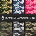 Set of 6 pack Camouflage seamless patterns background with black shadow. Classic clothing style masking camo repeat Royalty Free Stock Photo