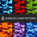 Set of 6 pack Camouflage seamless patterns background with black shadow. Classic clothing style masking camo repeat