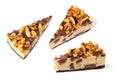 set pack of different angles slices of cheesecake caramel with peanuts and cookies Royalty Free Stock Photo