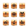 Set Pack full of seeds of plant, Farm house, Wooden axe, Bag flour, Wheat, Carrot, and Shield with pig icon. Vector Royalty Free Stock Photo