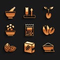 Set Pack full of seeds of plant, Flour pack, bowl, Pistachio nuts, Seed, Seeds in, Sprout and Mortar and pestle icon