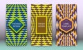 Set of packaging design with curved checkered optical illusion backgrounds. Moving hypnotic backdrop with frames for text. Modern Royalty Free Stock Photo