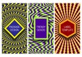 Set of packaging design with optical illusion backgrounds of psychedelic patterns. Hypnotic backdrop with frames for text