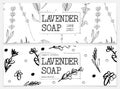 Set packaging of natural soap with lavender. Organic cosmetic natural soap. Vector hand drawn illustration. Black and Royalty Free Stock Photo