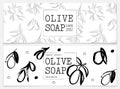 Set packaging of natural soap with olive. Organic cosmetic natural soap. Vector hand drawn illustration. Black and white Royalty Free Stock Photo