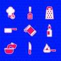 Set Packet of pepper, Knife, Frying pan, Bottle olive oil, Saucepan, Grater and Chef hat icon. Vector
