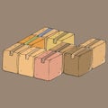 Set of packing cardboard boxes. Vector illustration of cardboard boxes. Hand drawn packed boxes Royalty Free Stock Photo
